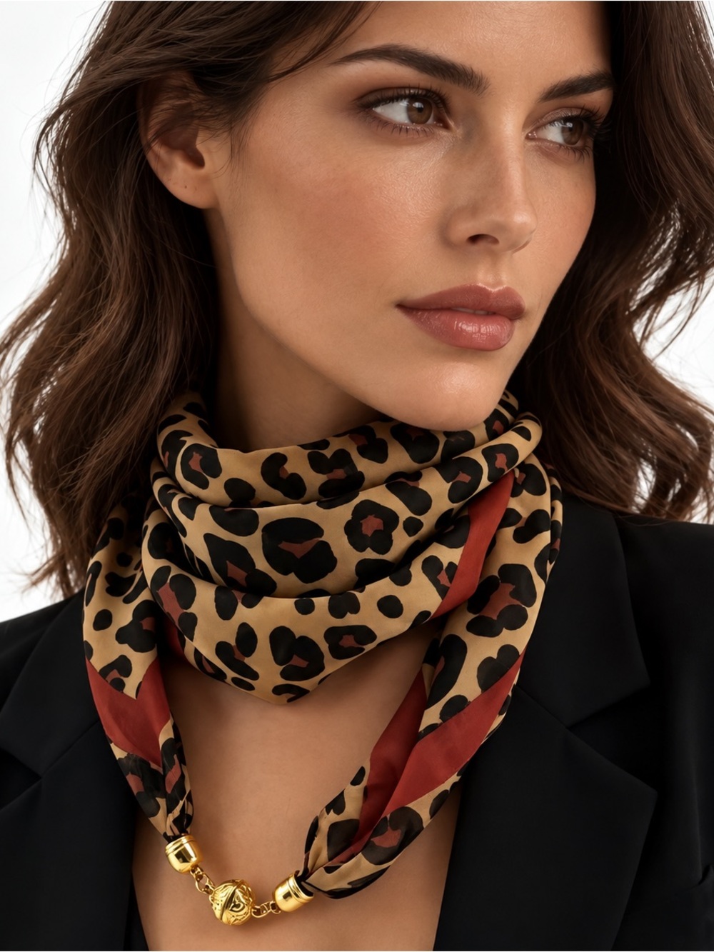 Leopard Print Scarf Necklace with Gold Accent - Red and Beige